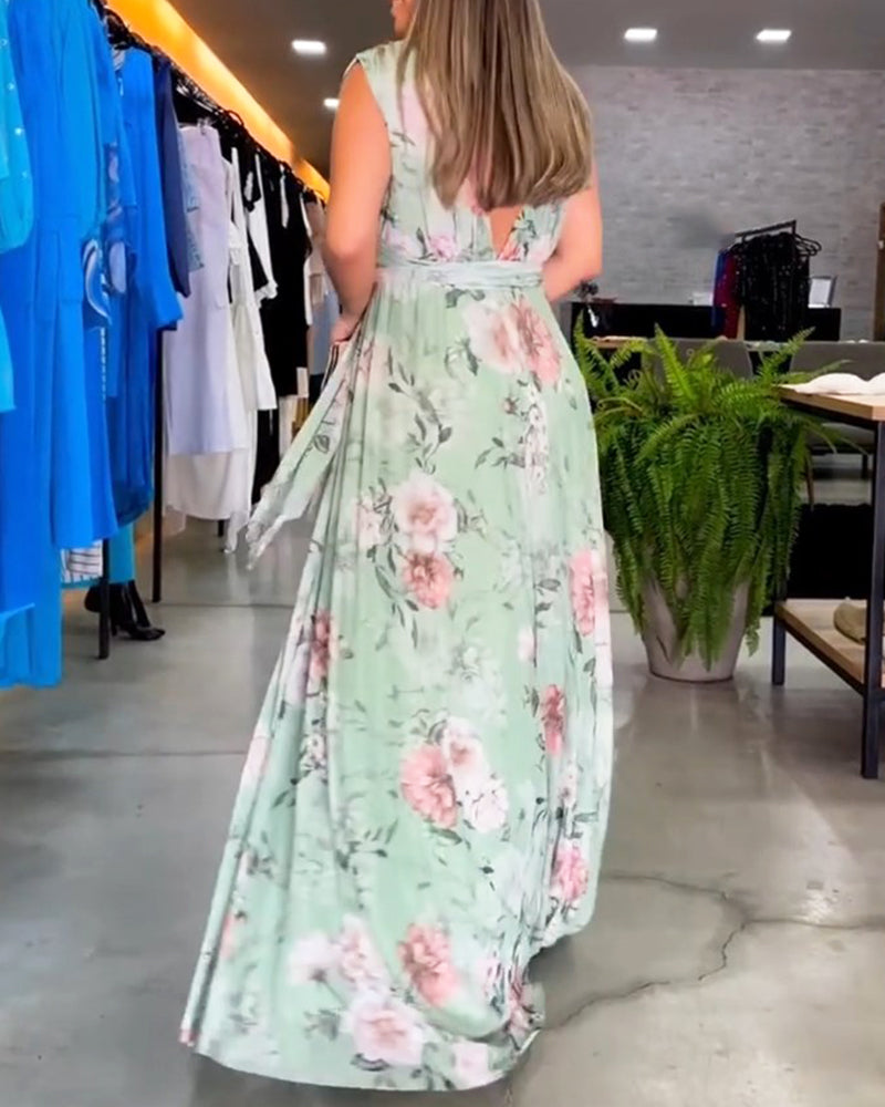 Robe elegante sem mangas com decote em V e estampa floral