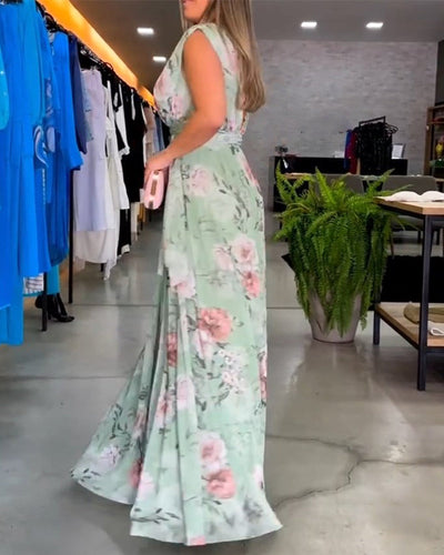 Robe elegante sem mangas com decote em V e estampa floral