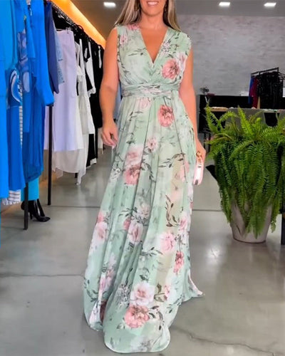 Robe elegante sem mangas com decote em V e estampa floral