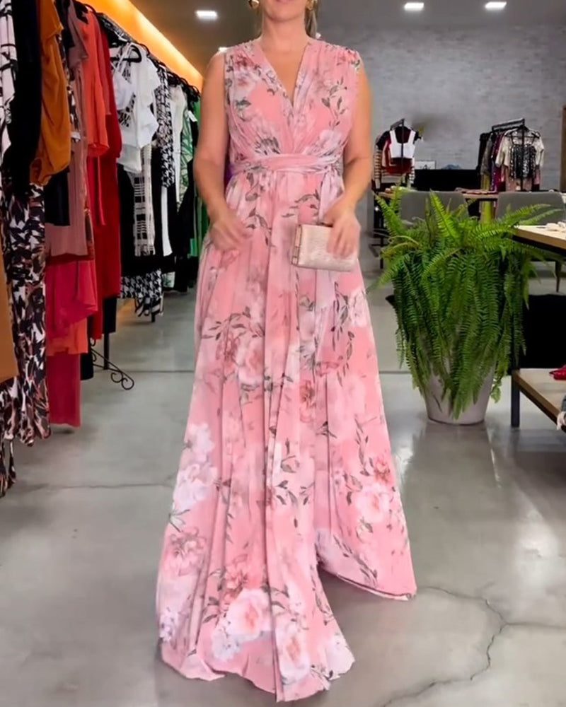 Robe elegante sem mangas com decote em V e estampa floral