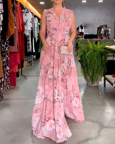 Robe elegante sem mangas com decote em V e estampa floral