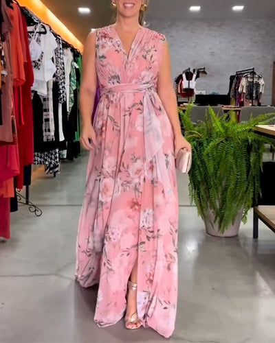 Robe elegante sem mangas com decote em V e estampa floral