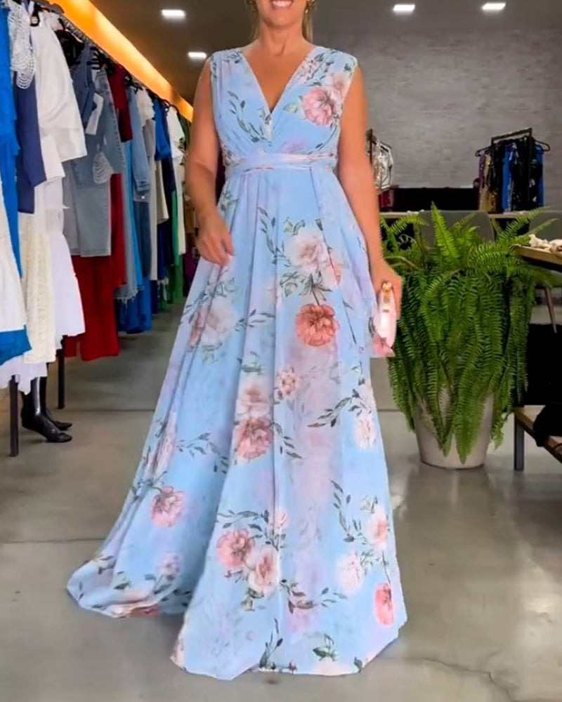 Robe elegante sem mangas com decote em V e estampa floral