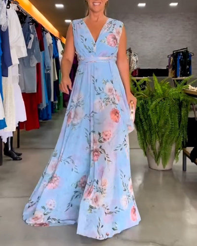 Robe elegante sem mangas com decote em V e estampa floral