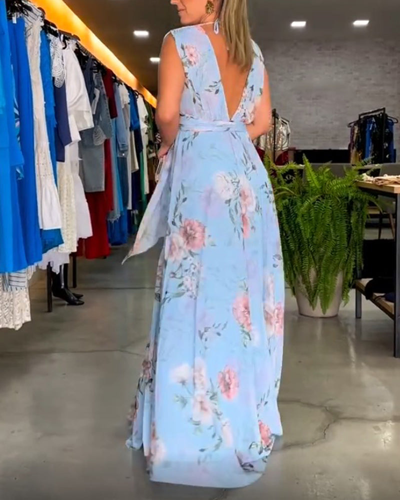 Robe elegante sem mangas com decote em V e estampa floral