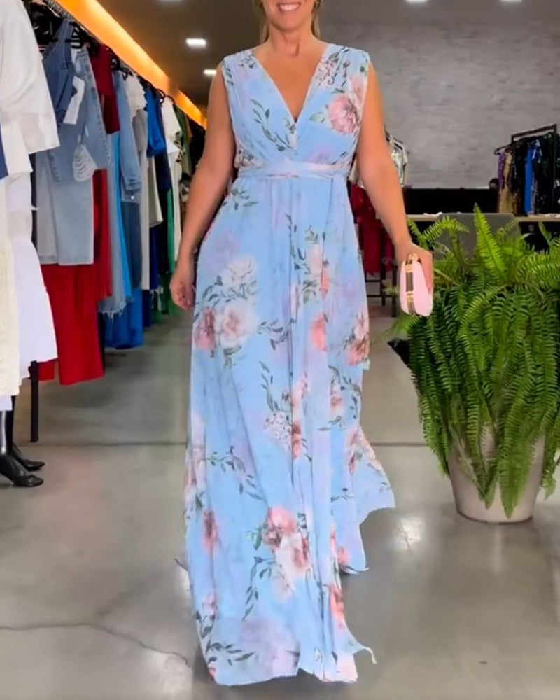 Robe elegante sem mangas com decote em V e estampa floral