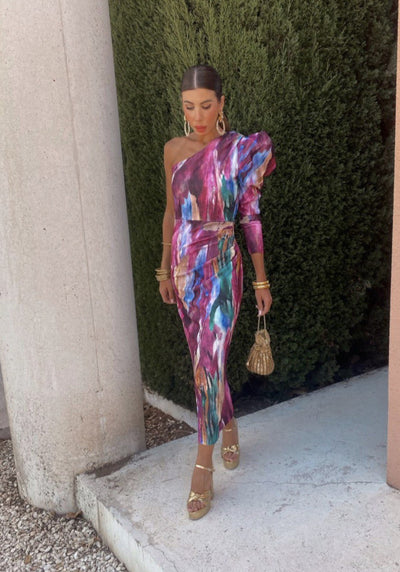 Yllana | Vestido Midi Puff Lila en-axel