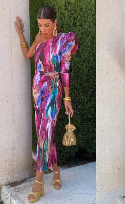 Yllana | Vestido Midi Puff Lila en-axel